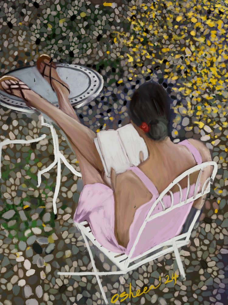 Lectura tranquila en el patio de Osheensgallery