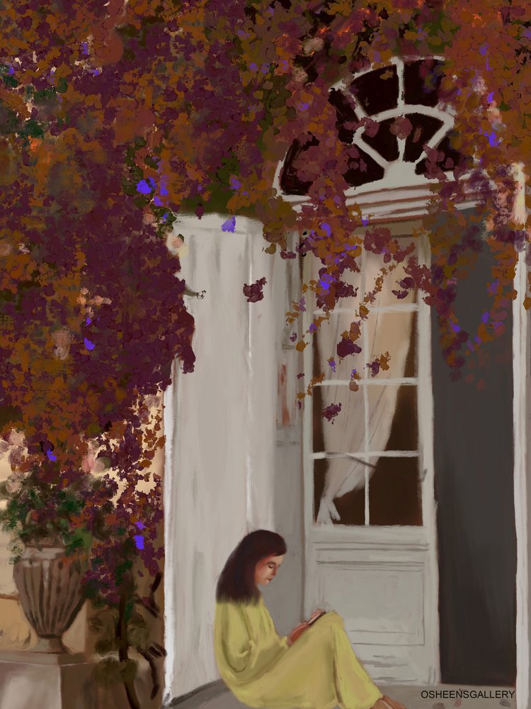 Lectora tranquila bajo las buganvillas de Osheensgallery