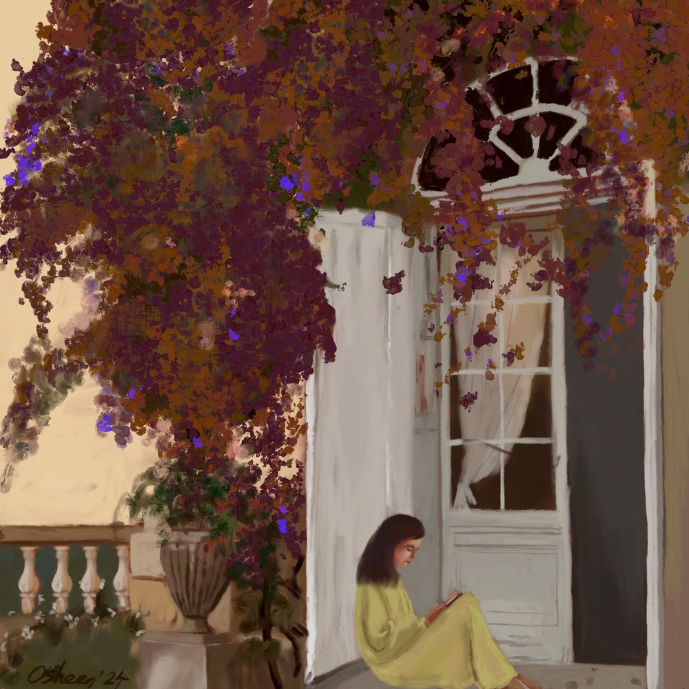 Lectura serena en el jardín de Osheensgallery