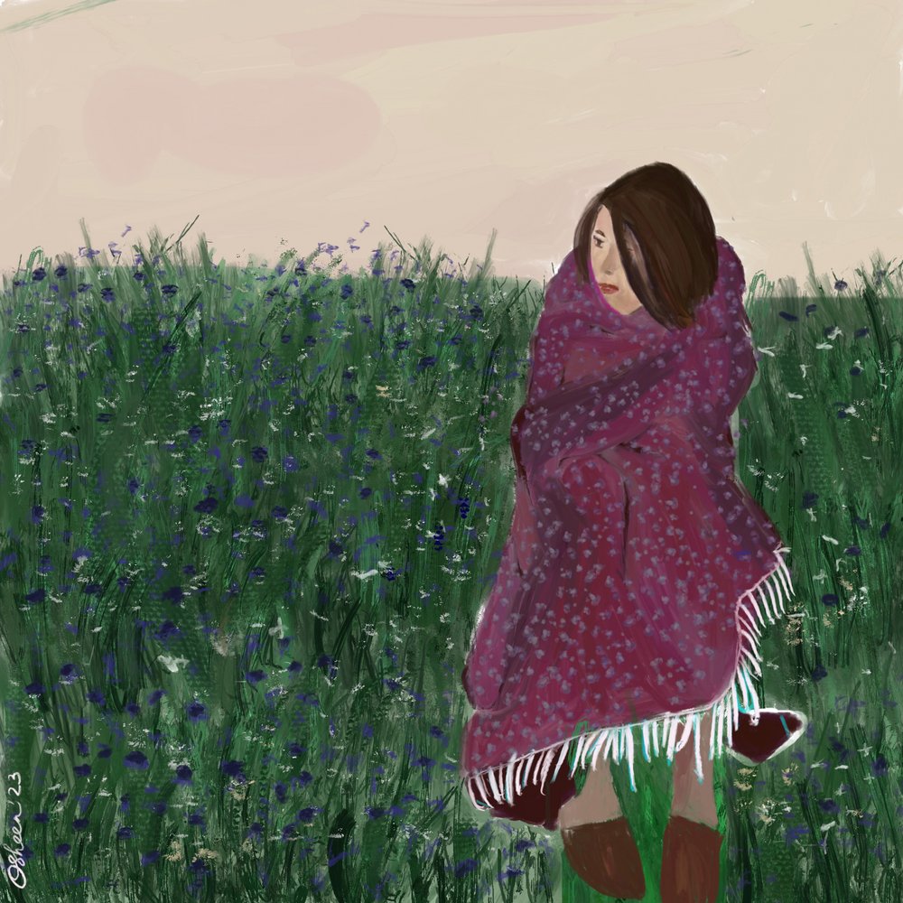 Mujer en un campo de flores silvestres de Osheensgallery