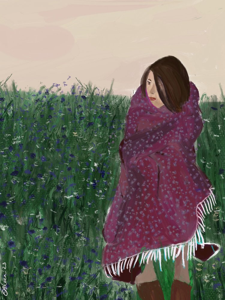 Mujer envuelta en un campo de flores silvestres de Osheensgallery
