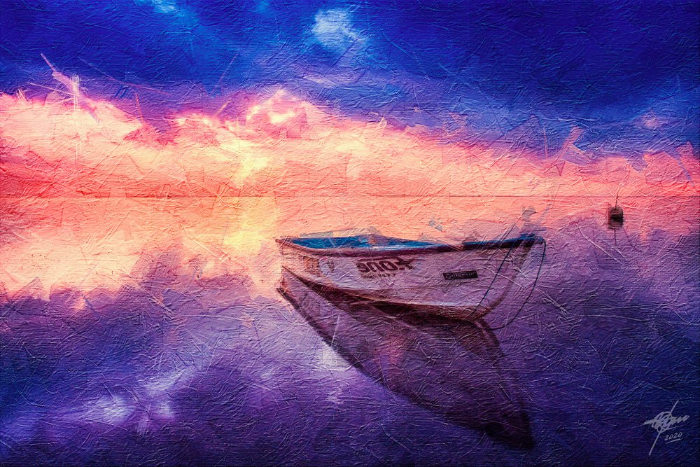 Reflejo sereno de un barco al atardecer de Osvaldo Russo