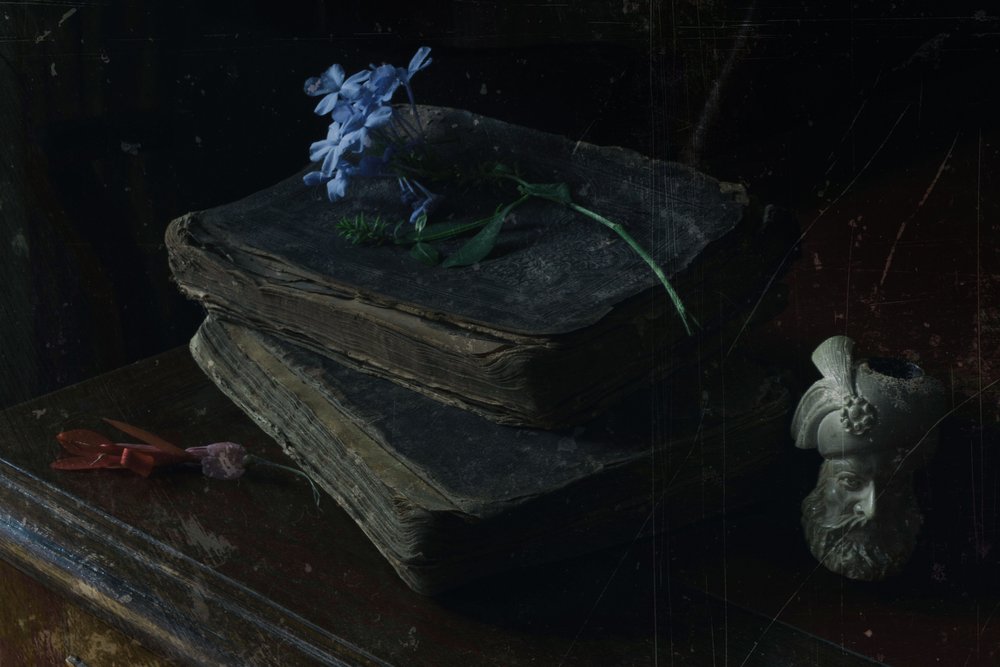 Libros antiguos y flores azules de Ramiz Sahin