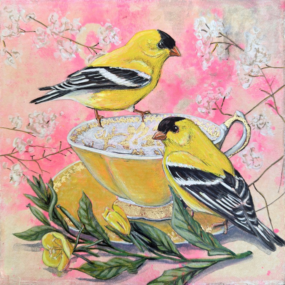Jilgueros de primavera y taza de té de Renee Machan Cottagecore Artist