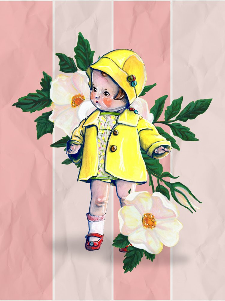 Muñeca vintage con flores de Renee Machan Cottagecore Artist