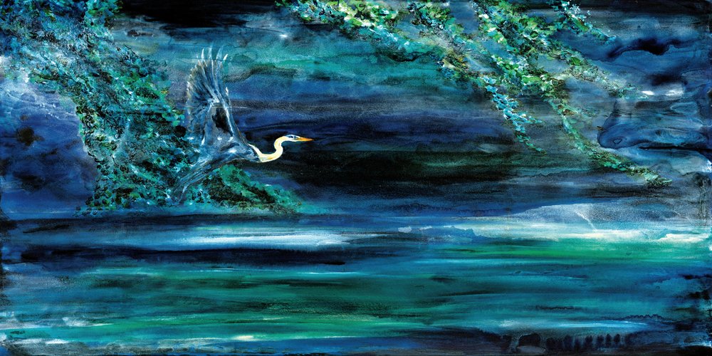 Una garza sobre aguas oscuras de RodMacIver
