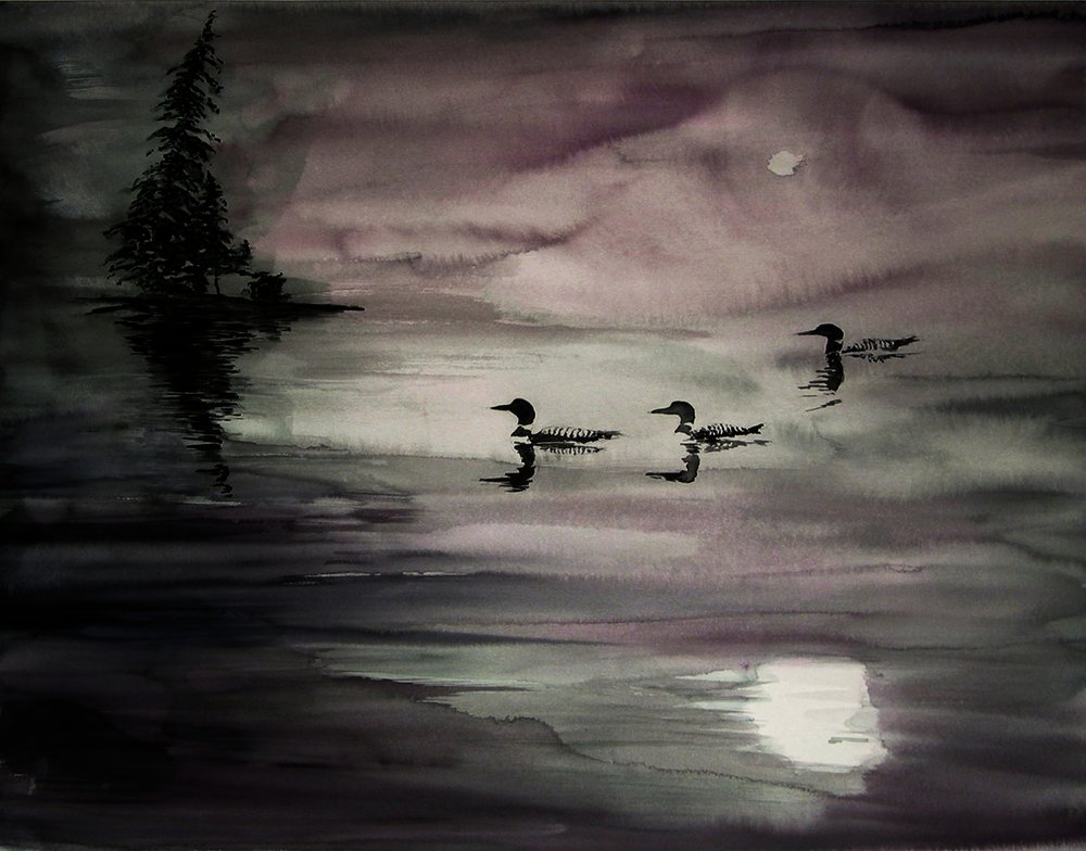 Somorgujos en un lago a la luz de la luna de RodMacIver