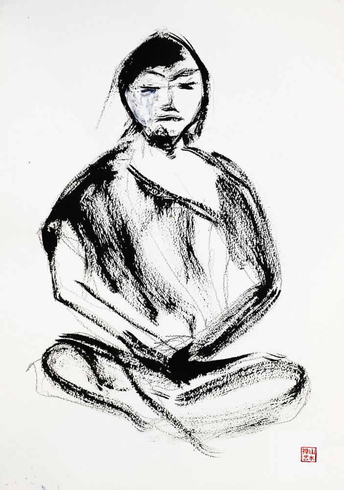 Dibujo a tinta de un meditador zen de RodMacIver