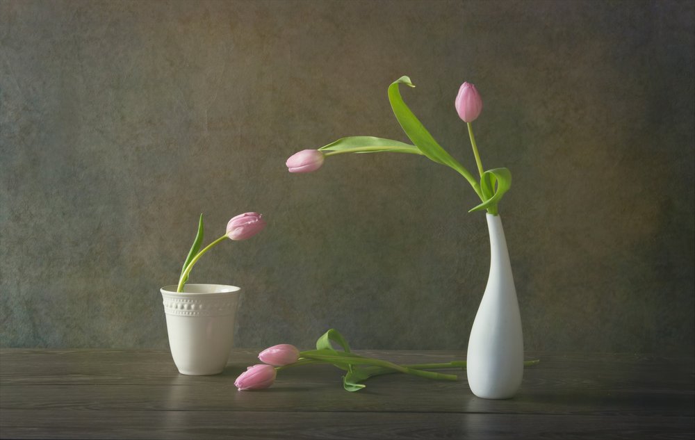 Naturaleza muerta con elegantes tulipanes rosas de Rong Wei