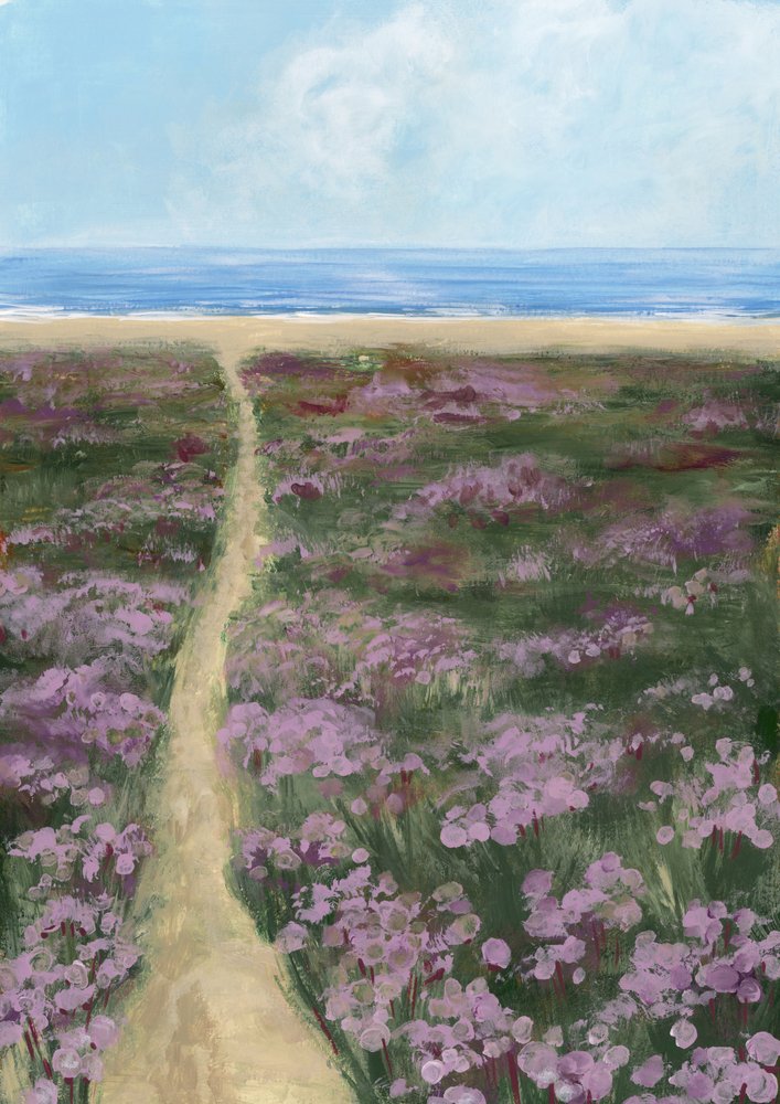 Sendero de la playa de las flores moradas de Rosana Laiz Blursbyai