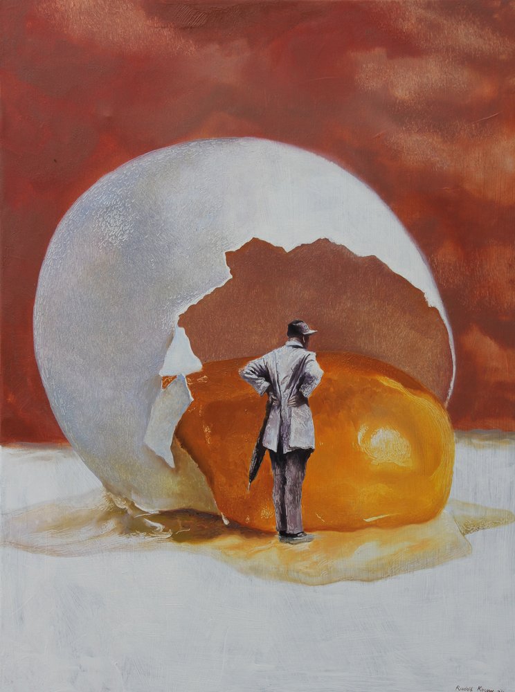 El hombre surrealista y el huevo gigante de Rudolf Kosow