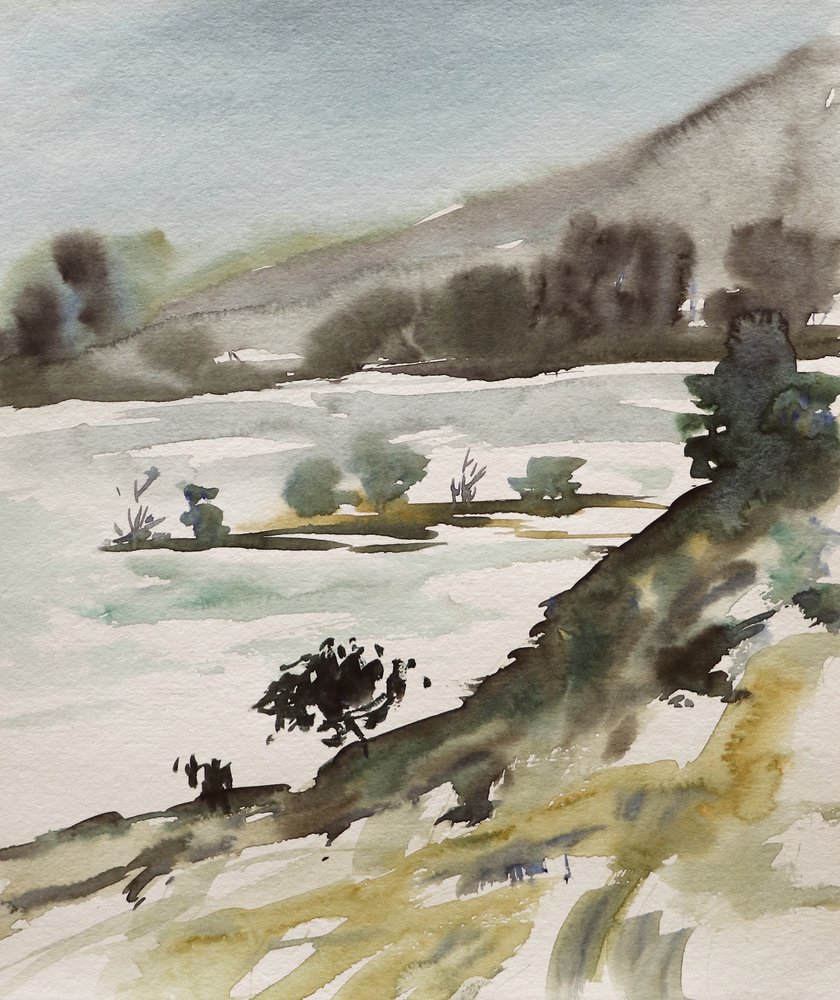 Paisaje en acuarela en tonos apagados de Santhosh ch