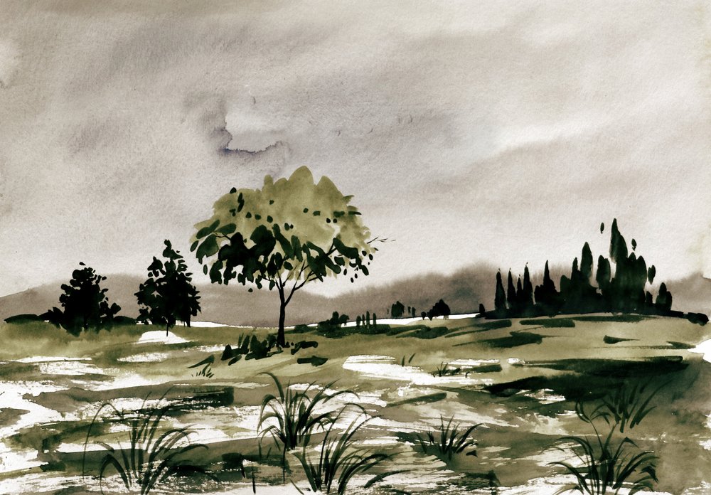 Paisaje campestre en acuarela de Santhosh ch