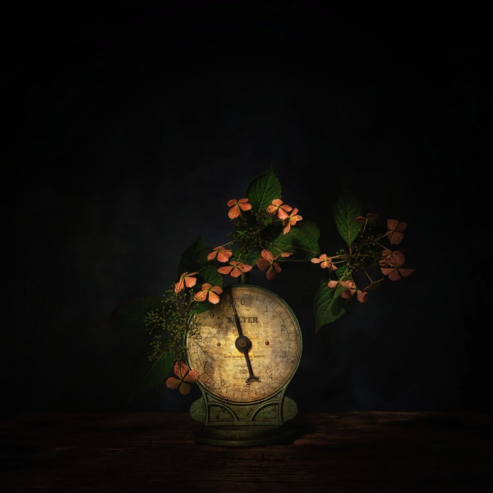 Naturaleza muerta floral oscura en escala de Saskia Dingemans