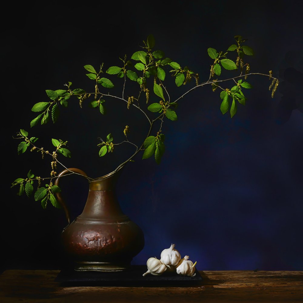 Naturaleza muerta con hojas verdes y ajo de Saskia Dingemans