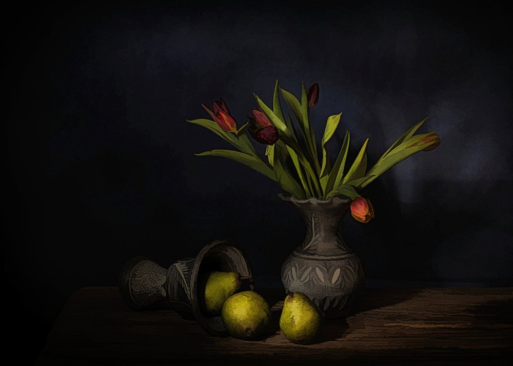Naturaleza muerta con peras y tulipanes de Saskia Dingemans