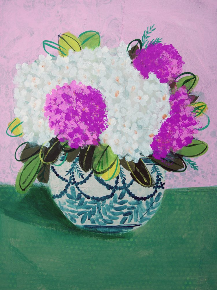 Jarrón colorido con hortensias de Shelley Hampe