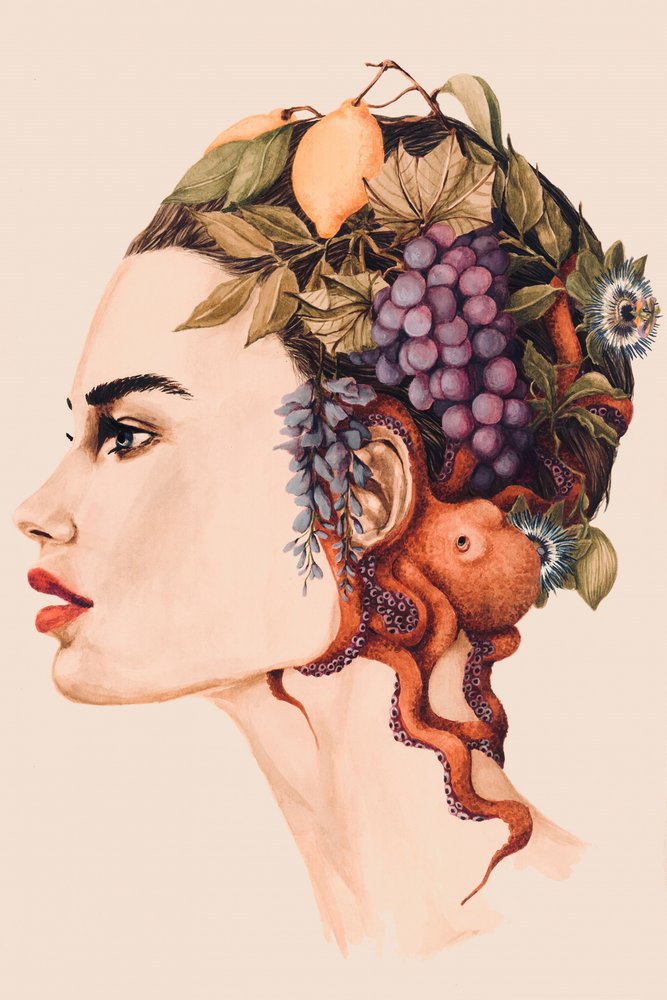 Retrato surrealista de una mujer pulpo de Sophia Novosel