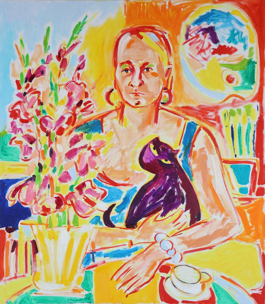 Autorretrato con un gato violeta, inspirado en Max Beckmann, óleo sobre lienzo, 2024 de Tamara Jare