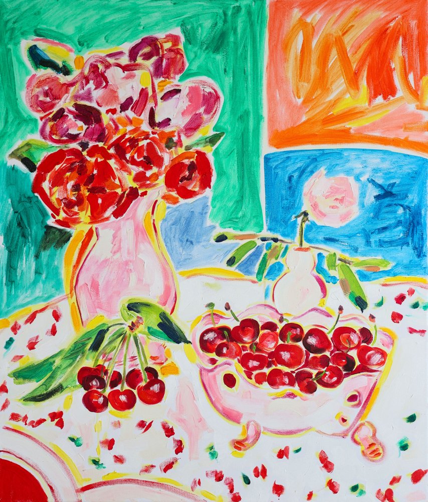 Rosas de colores vivos y cerezas frescas de Tamara Jare