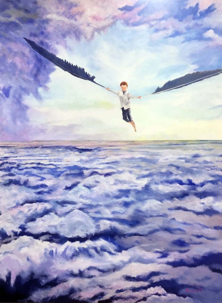 Un niño volando por encima de las nubes de Tom Blood