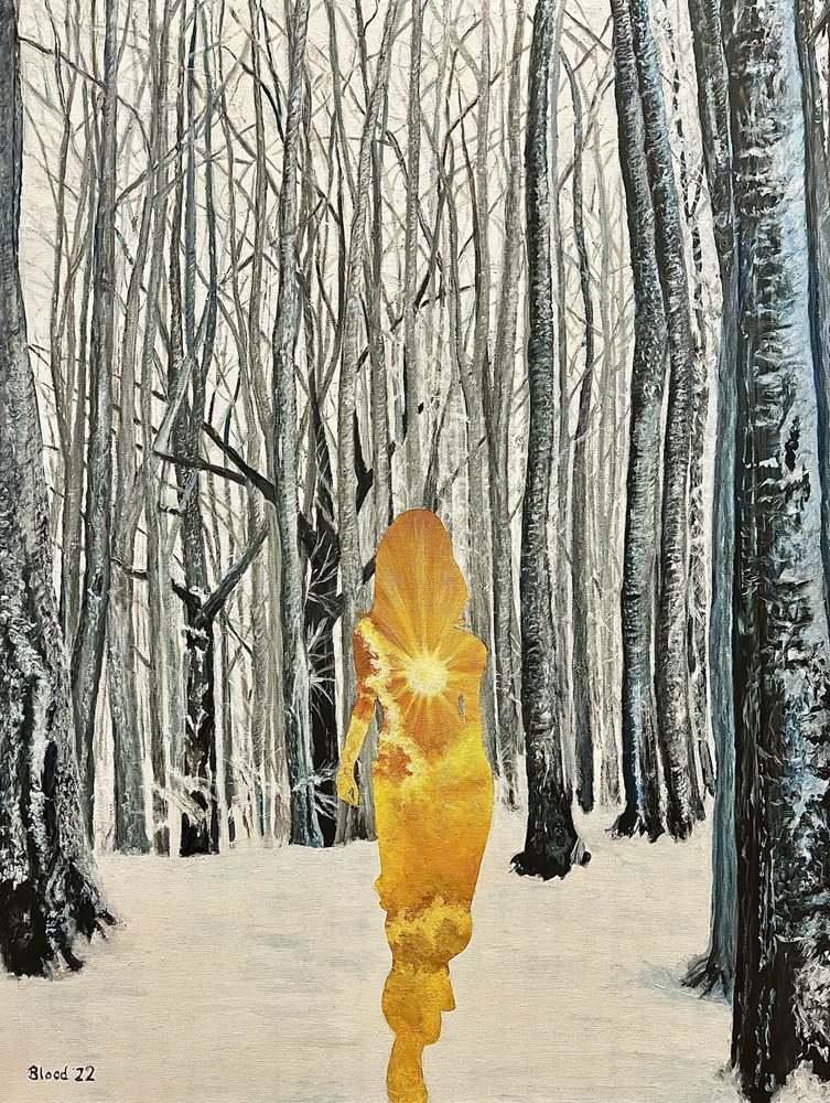 Mujer dorada en el bosque invernal de Tom Blood