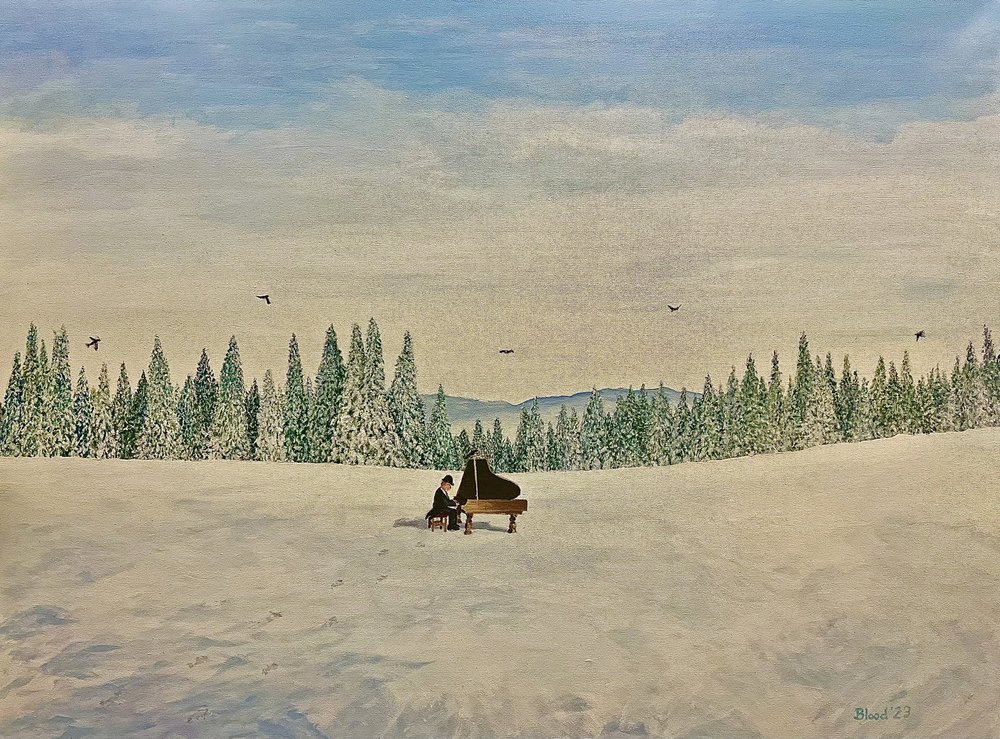Piano en un campo nevado de Tom Blood