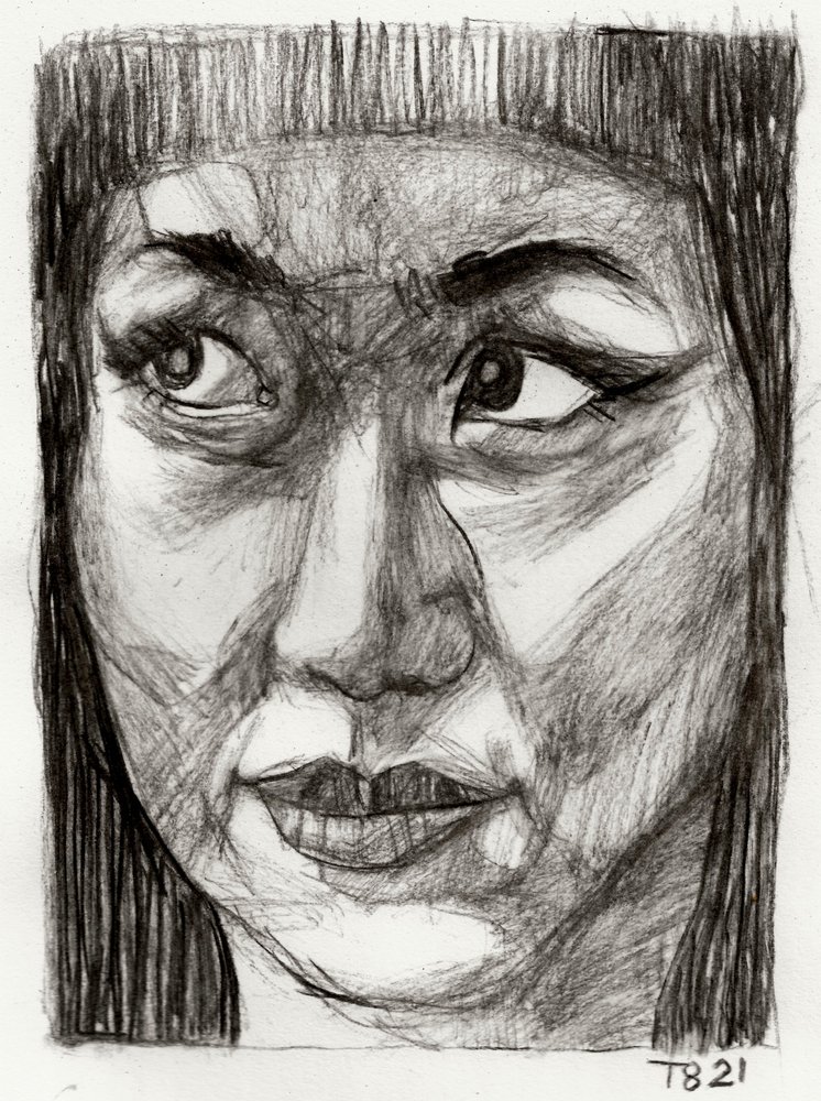 Dibujo de una mujer asiática pensativa de Tore Bahnson