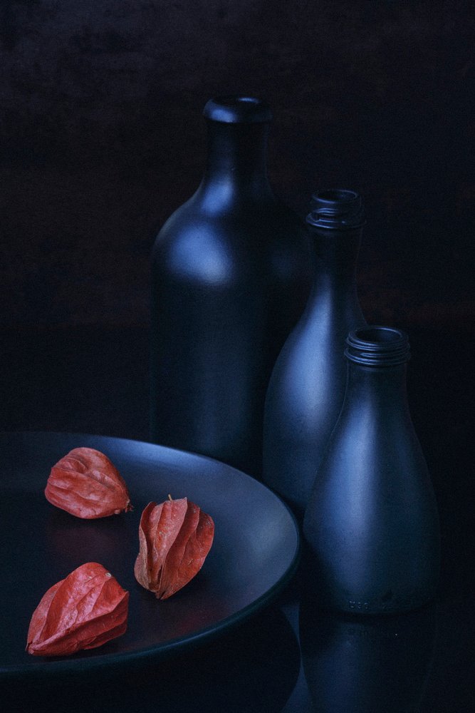 Physalis y las botellas azules de Vladimir Pavlovskyy