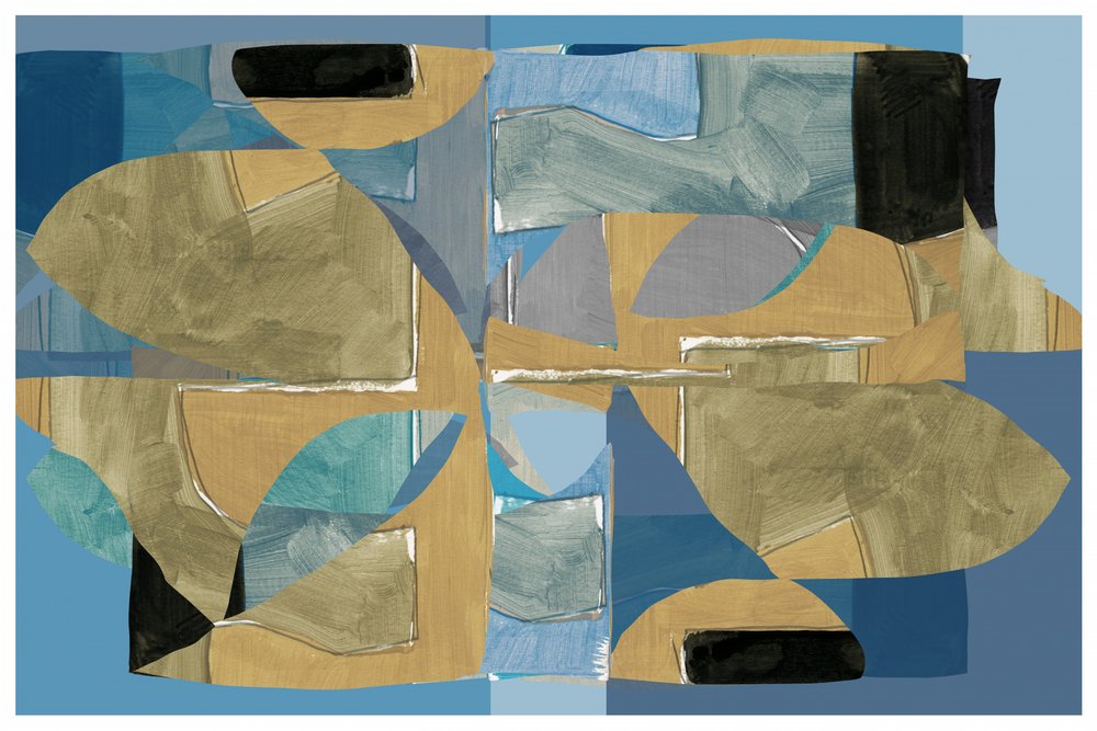 Collage abstracto en tonos azul y marrón de cartissi