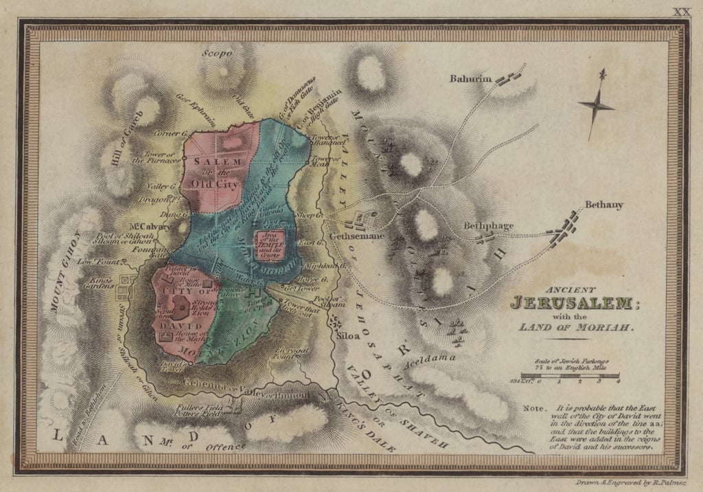 La antigua Jerusalén con la tierra de Moriah (grabado en color)
