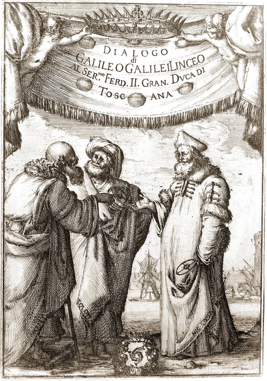 Aristóteles, Ptolomeo y Nicolás Copérnico (astrónomos) en conversación - en Dialogo sopra i due massimi sistemi del mondo de Galileo Galilei de Unknown