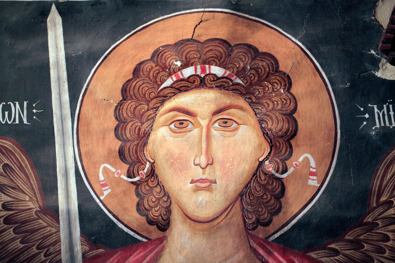 Fresco Bizantino del Siglo XV (detalle) Arcángel Miguel Pintura Mural Iglesia del Arcángel Miguel en Pedoulas, Chipre Iglesias Pintadas Sitio UNESCO Troodos, Chipre de Unknown