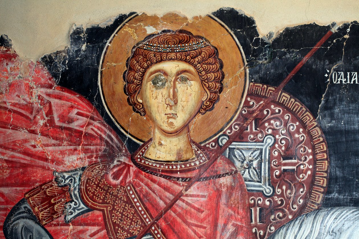 Fresco Bizantino del Siglo XV (detalle) San Jorge Pintura Mural Iglesia del Arcángel Miguel en Pedoulas, Chipre Iglesias Pintadas Sitio UNESCO Troodos, Chipre de Unknown