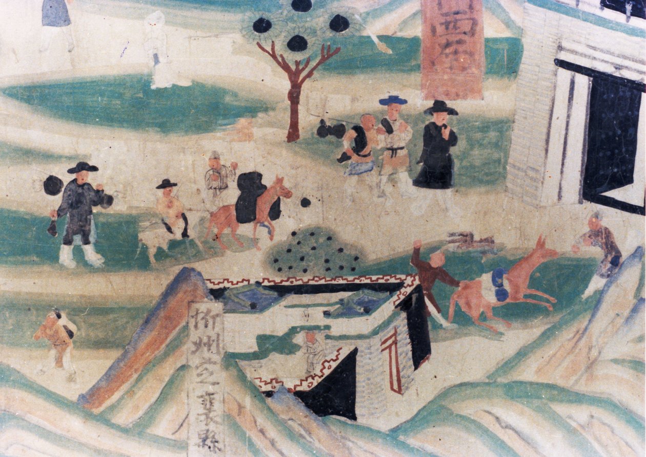Detalle del Mapa de la Montaña Wutai (Wutaishan), una pintura mural realizada durante las Cinco Dinastías (907 - 960) en las Grutas de Dunhuang, que representa peregrinos llegando a una posada para pasar la noche de Unknown