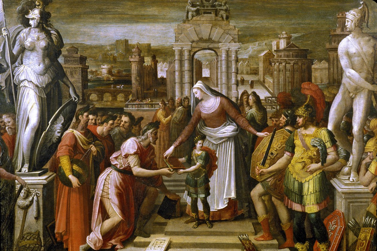 Francia - Oise- departamento 60 - Beauvais - DR. Museo departamental de Oise - Historia de Artemisa: La presentación del libro y la espada - por Antoine Caron (1521-1599) (artista de Beauvais) de Unknown