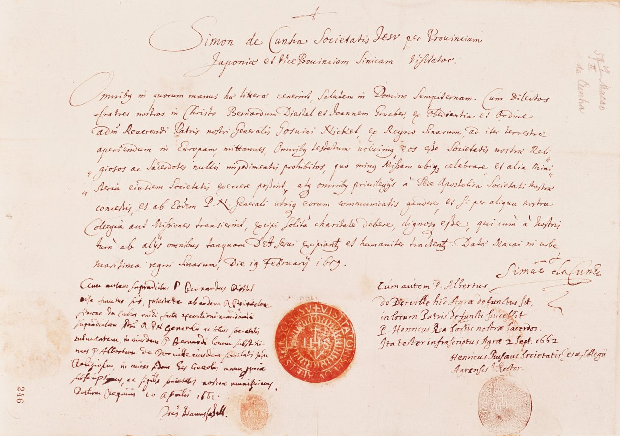Pasaporte emitido a Johann Grueber y Bernhard Diestel para encontrar la ruta terrestre desde Europa a Pekín, 1616 de Unknown