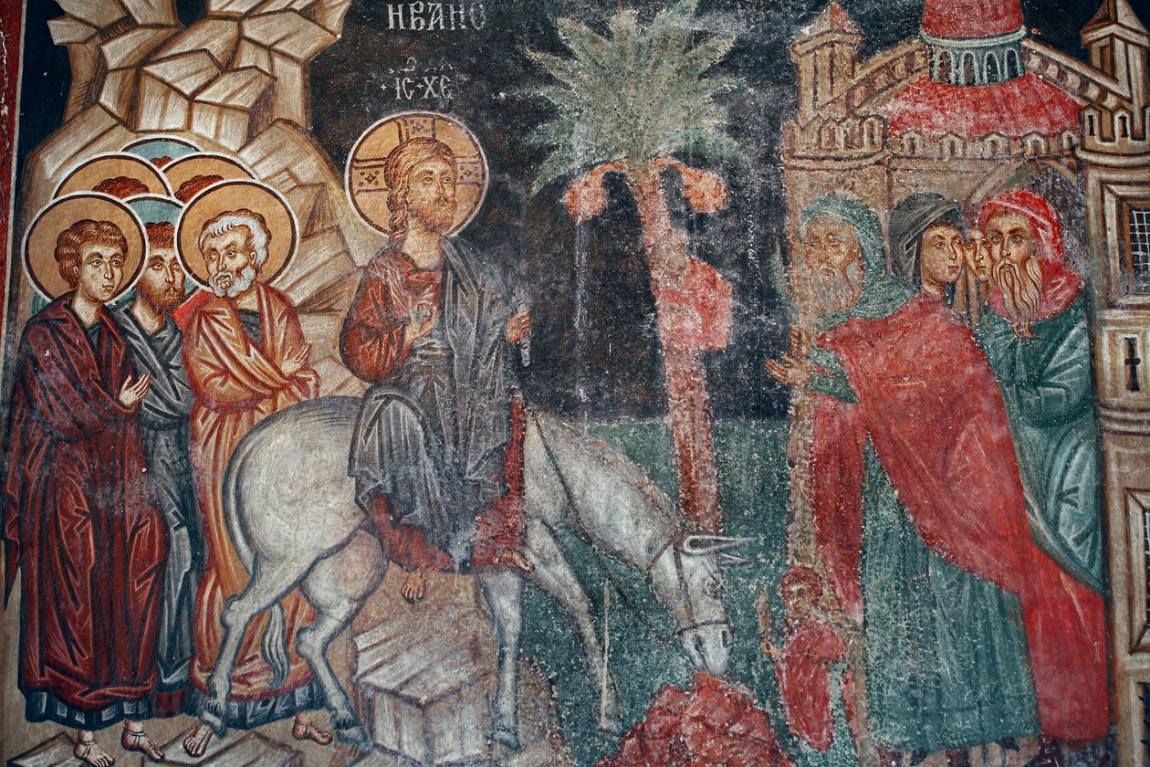 Fresco Bizantino del Siglo XV Entrada en Jerusalén Pintura Mural Iglesia del Arcángel Miguel en Pedoulas, Chipre Iglesias Pintadas Sitio UNESCO Troodos, Chipre de Unknown