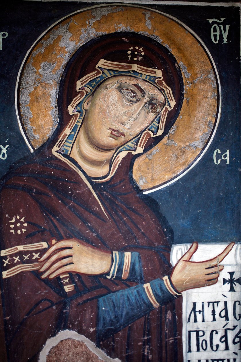 La Virgen Misericordiosa Pintura Mural Bizantina de la Iglesia de Asinou Escena del Juicio Final Siglo XII, Restaurada en el Siglo XIV Patrimonio Cultural Mundial de la UNESCO Región de Troodos, Chipre de Unknown