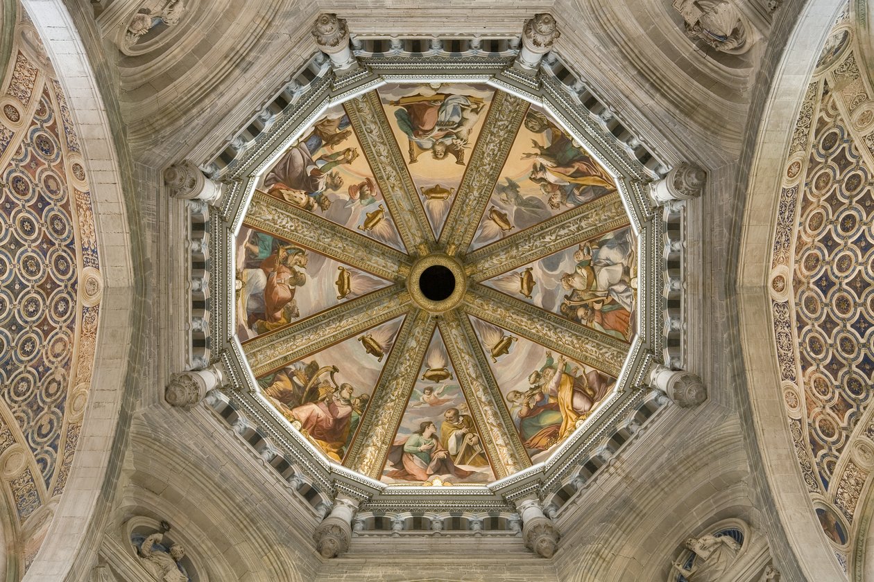 Vista de la bóveda de la nave central con fresco, Certosa di Pavia, Lombardía, Italia de Unknown