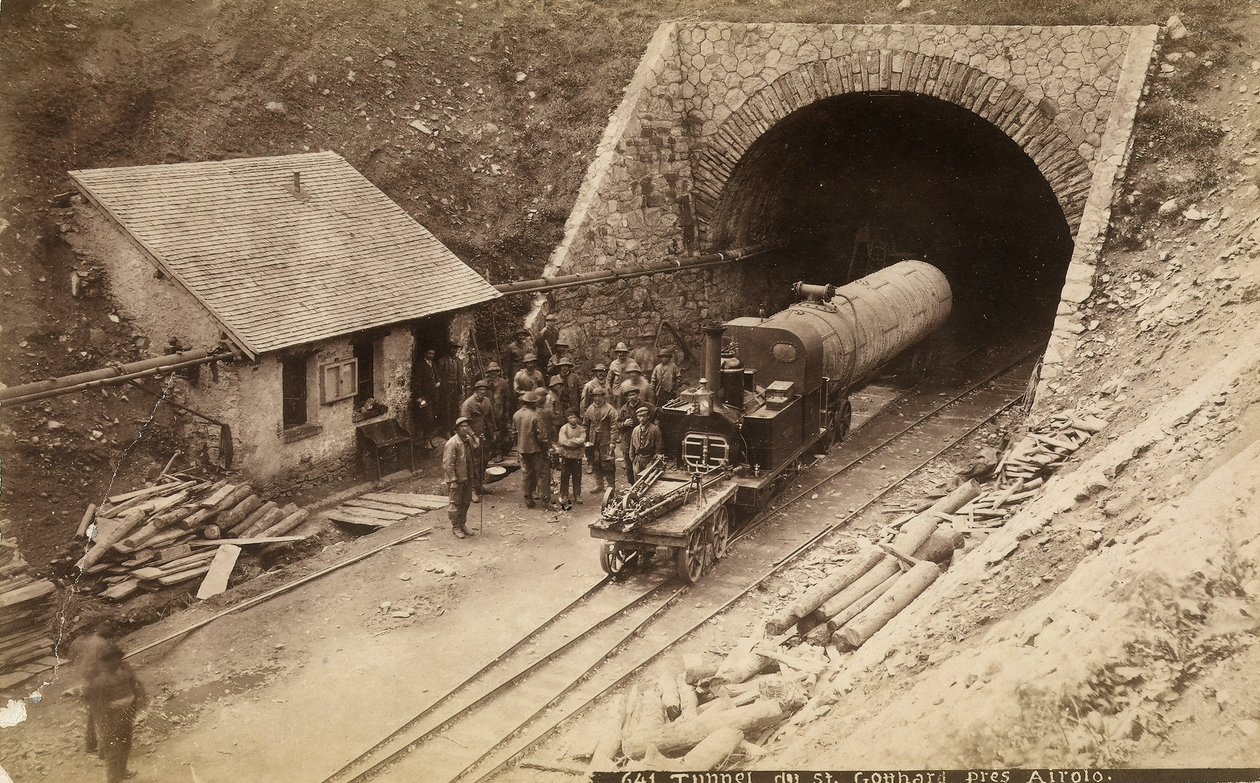 Trabajadores durante la construcción del túnel ferroviario de Gotthard, Suiza, c.1880 de Unknown
