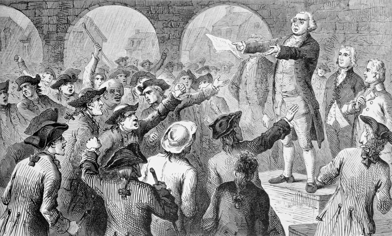 John Lamb hablando en la reunión de los Hijos de la Libertad en el Ayuntamiento de Nueva York sobre el desembarco del té británico en Nueva York, 17 de diciembre de 1773, grabado por John Karst (1836-1922) de American School