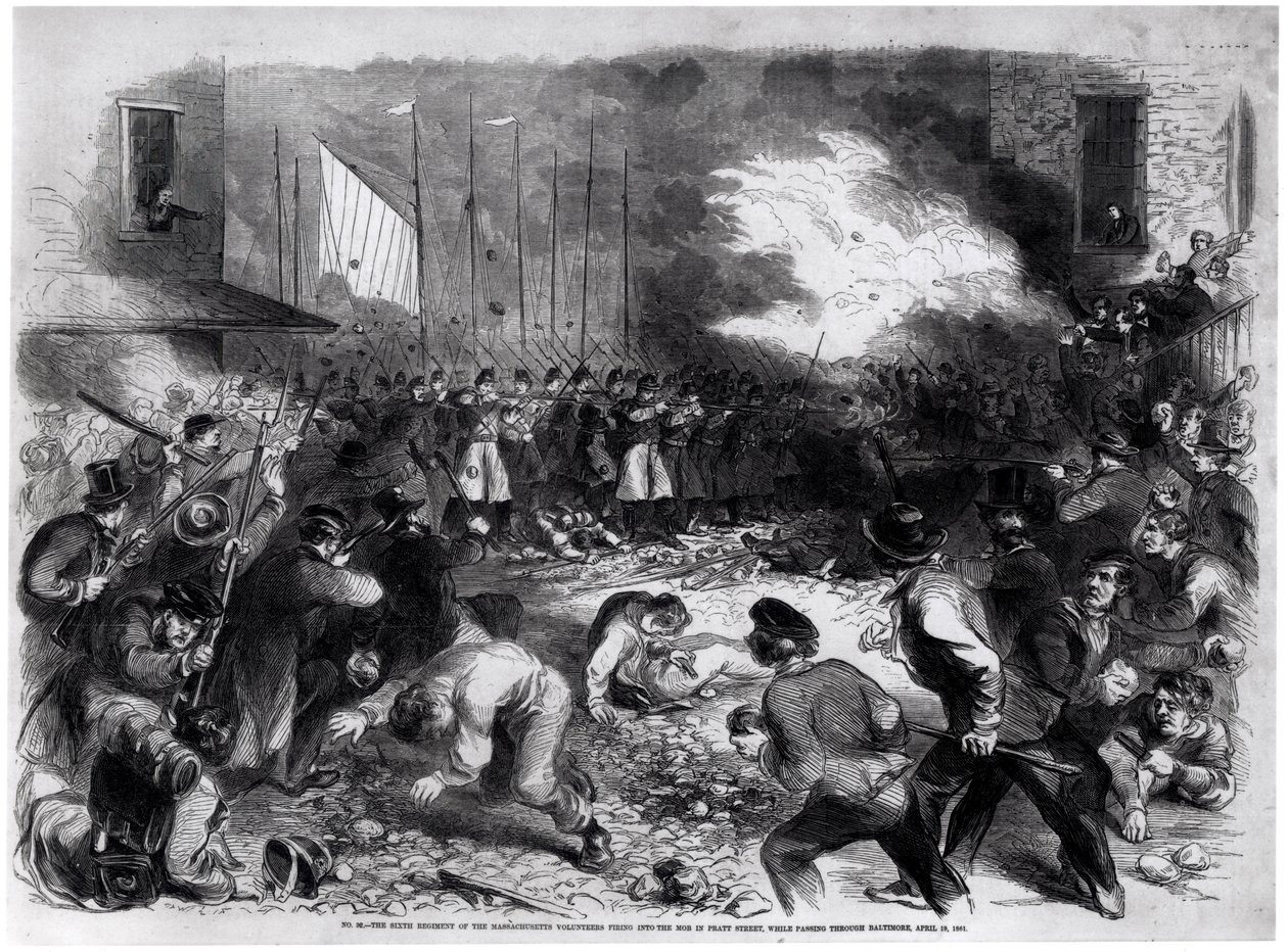El Sexto Regimiento de Voluntarios de Massachusetts disparando contra la multitud en la calle Pratt, mientras pasaban por Baltimore en ruta a Washington, 19 de abril de 1861, de 