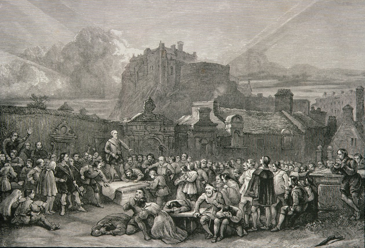 Una multitud hace cola para firmar el Pacto Nacional frente al cementerio de Greyfriar, Edimburgo en 1638, de 