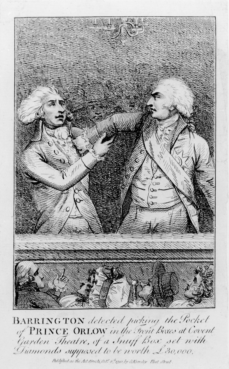 Barrington detectado robando el bolsillo del Príncipe Orlow en los palcos delanteros del Teatro Covent Garden, de una caja de rapé con diamantes supuestamente valorada en 30,000 libras, pub. en 1790 de English School