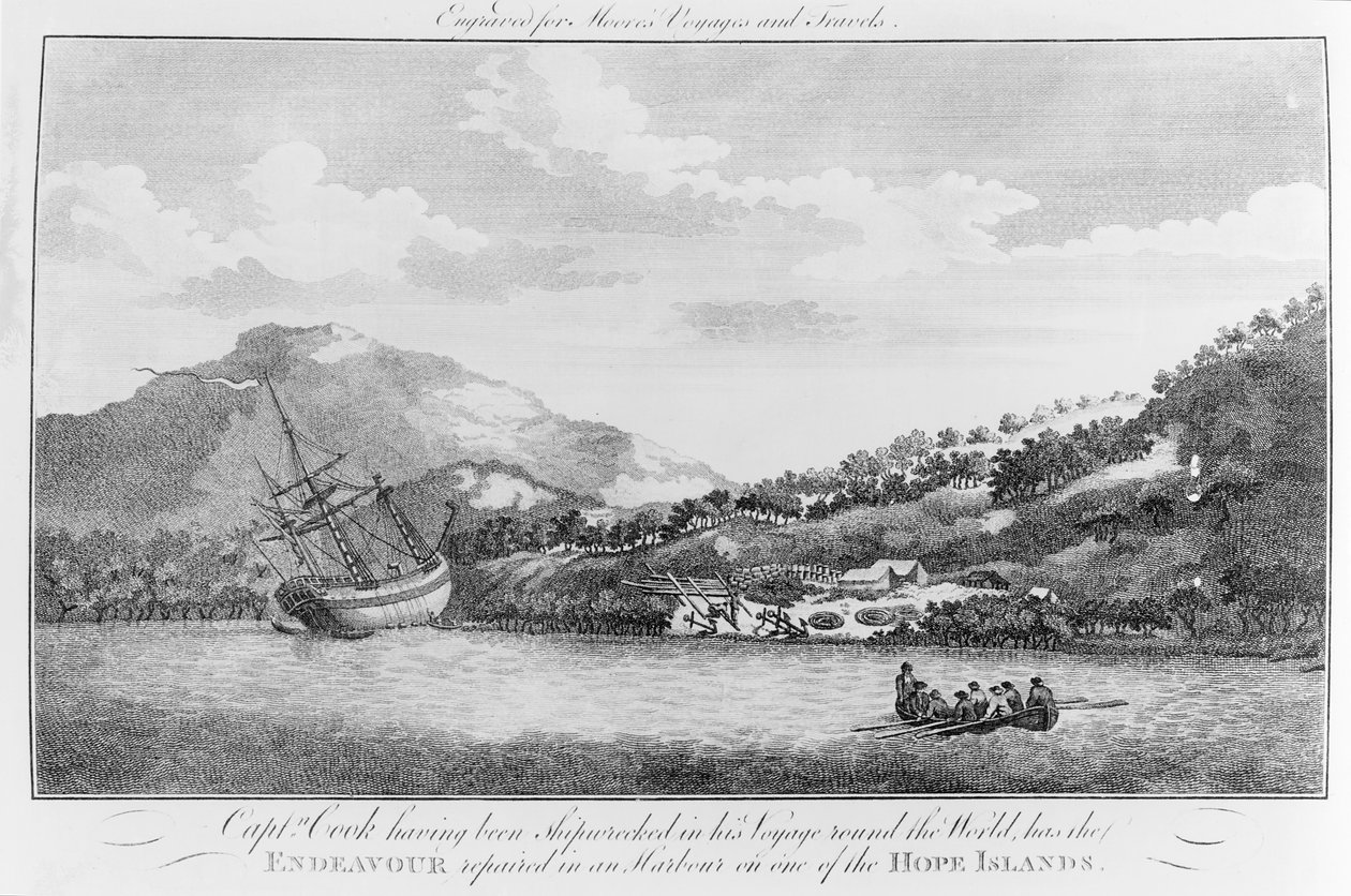 El Capitán Cook, habiendo naufragado en su viaje alrededor del mundo, repara el Endeavour en un puerto de una de las Islas de la Esperanza, grabado para 