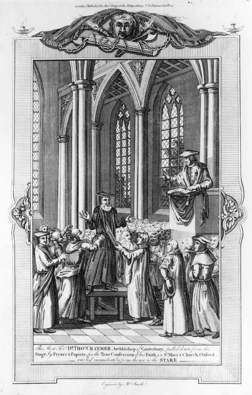 Dr. Thomas Cranmer (1489-1556) Arzobispo de Canterbury Derribado del Escenario por Frailes y Papistas por la Verdadera Confesión de su Fe en la Iglesia de Santa María, Oxford y Conducido Inmediatamente al St de English School