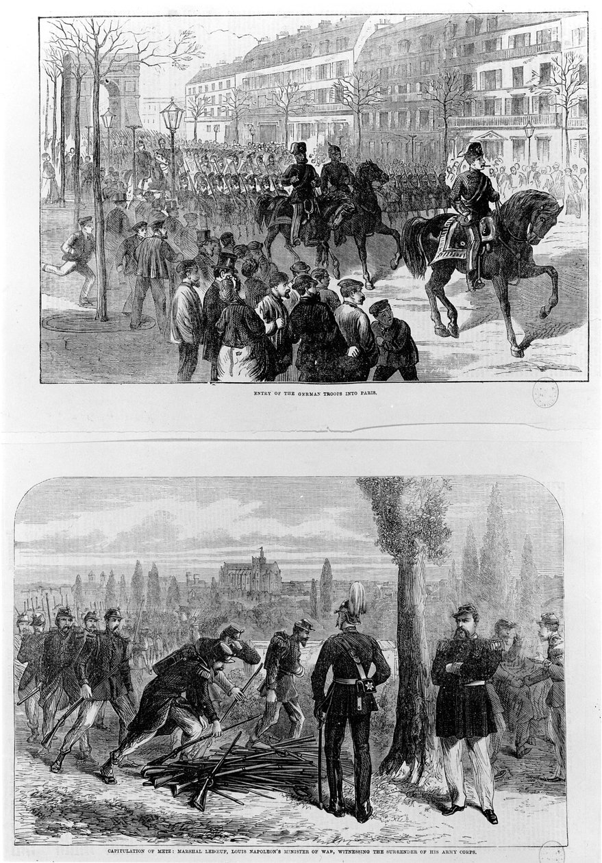 Entrada de las tropas alemanas en París, 2 de marzo de 1871; Capitulación de Metz, 27 de octubre de 1870, el mariscal Leboeuf, ministro de guerra de Luis Napoleón, presenciando la rendición de su cuerpo de ejército de English School