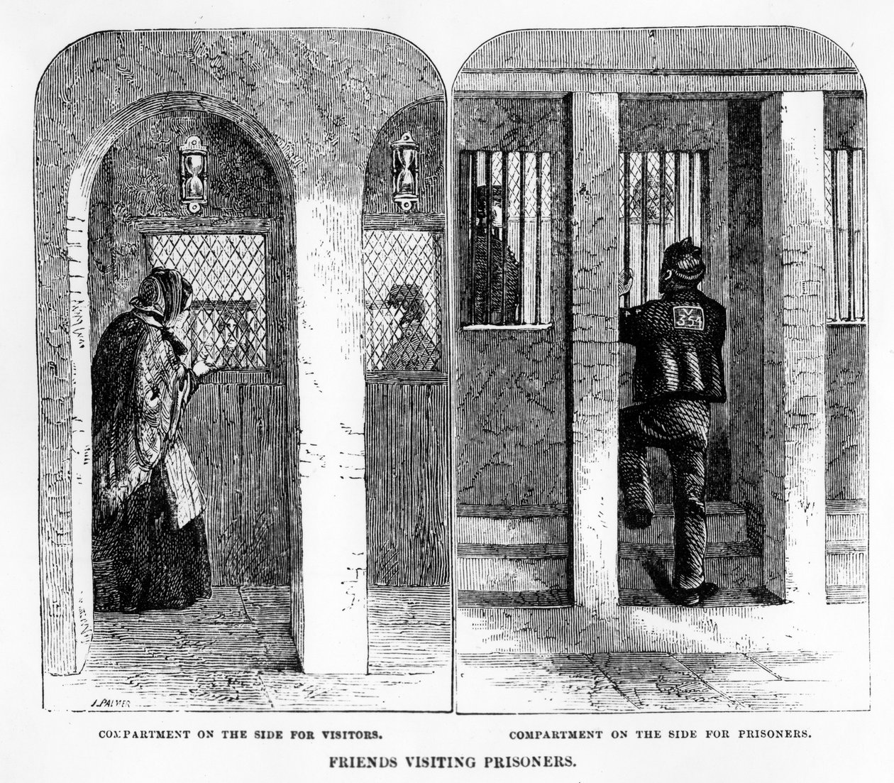 Amigos visitando prisioneros en la Casa de Corrección, Coldbath Fields, grabado por J. Palmer, ilustración de 