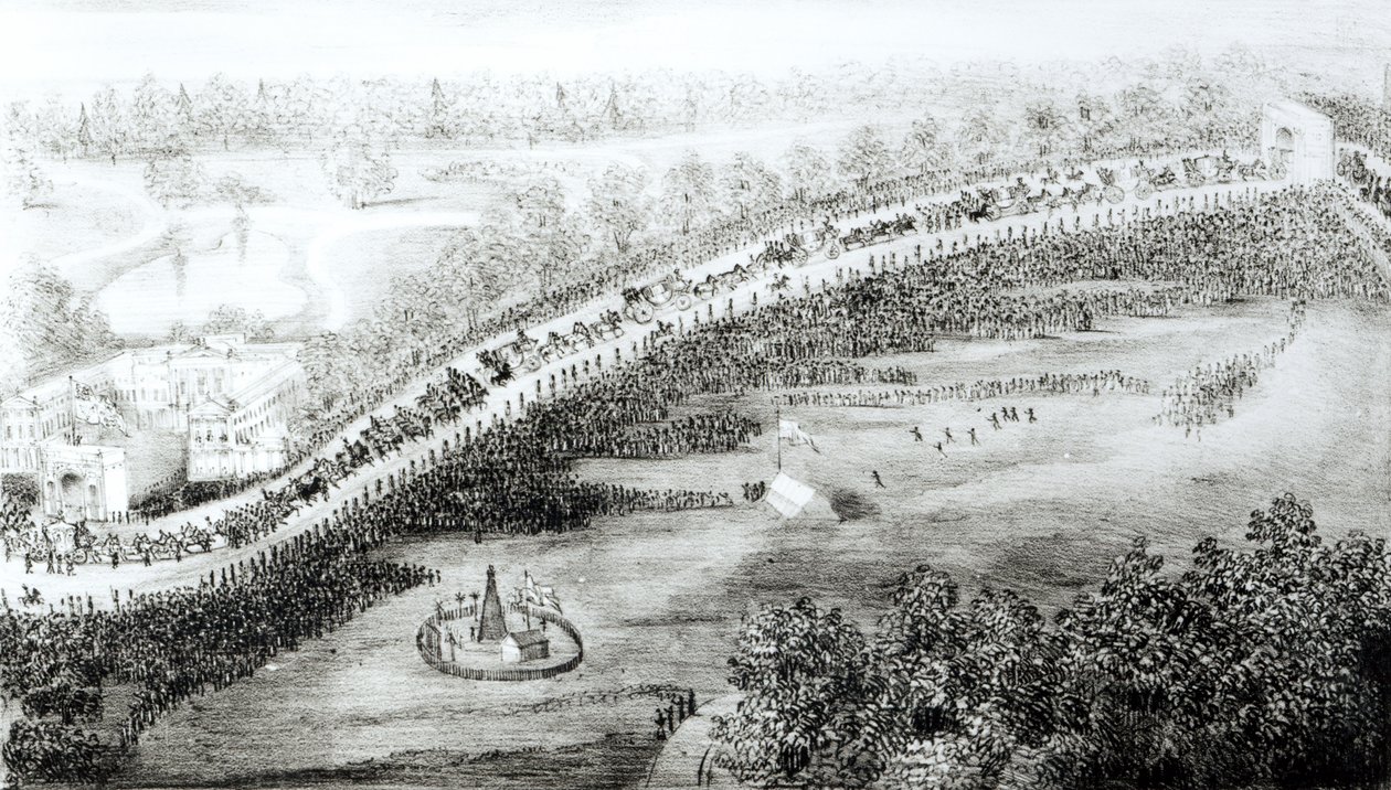 Su Majestad y escolta saliendo del Palacio, de una serie de vistas aéreas tomadas el día de la coronación de la Reina Victoria, grabado por W Clerk, publicado por G S Tregear, 28 de junio de 1838 de English School